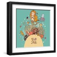 The Sea Bright Cartoon with Mermaid, Octopus, Fishes, Crab and Sea Horse near Coral-smilewithjul-Framed Art Print