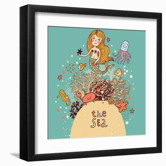 The Sea Bright Cartoon with Mermaid, Octopus, Fishes, Crab and Sea Horse near Coral-smilewithjul-Framed Art Print