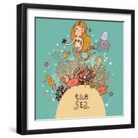 The Sea Bright Cartoon with Mermaid, Octopus, Fishes, Crab and Sea Horse near Coral-smilewithjul-Framed Art Print