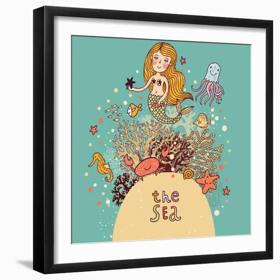 The Sea Bright Cartoon with Mermaid, Octopus, Fishes, Crab and Sea Horse near Coral-smilewithjul-Framed Art Print