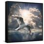 The Seagull Flying Over A Sea Against A Dramatic Sky. Background From Nature-Kletr-Framed Stretched Canvas