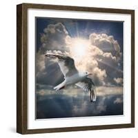 The Seagull Flying Over A Sea Against A Dramatic Sky. Background From Nature-Kletr-Framed Photographic Print