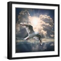 The Seagull Flying Over A Sea Against A Dramatic Sky. Background From Nature-Kletr-Framed Photographic Print