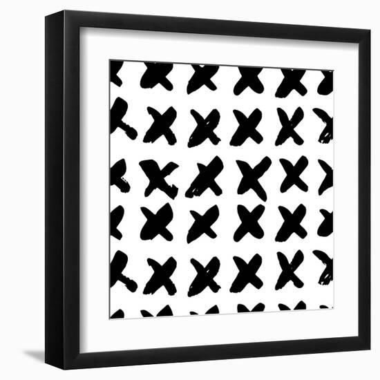 The Seamless Black and White Pattern with Crosses. the Creative Monochrome Hand Drawn Background Fo-wildfloweret-Framed Art Print