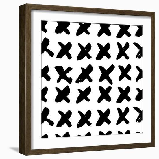 The Seamless Black and White Pattern with Crosses. the Creative Monochrome Hand Drawn Background Fo-wildfloweret-Framed Art Print