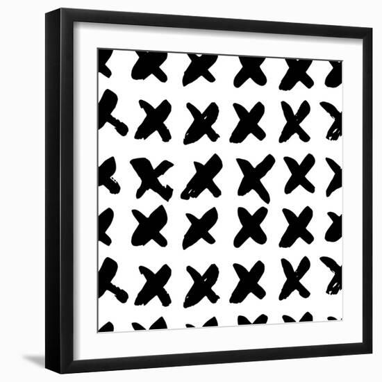 The Seamless Black and White Pattern with Crosses. the Creative Monochrome Hand Drawn Background Fo-wildfloweret-Framed Art Print