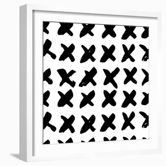 The Seamless Black and White Pattern with Crosses. the Creative Monochrome Hand Drawn Background Fo-wildfloweret-Framed Art Print