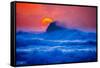 The setting sun and large winter waves breaking off the north coast of Kauai, Hawaii-Mark A Johnson-Framed Stretched Canvas