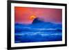 The setting sun and large winter waves breaking off the north coast of Kauai, Hawaii-Mark A Johnson-Framed Photographic Print