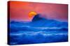 The setting sun and large winter waves breaking off the north coast of Kauai, Hawaii-Mark A Johnson-Stretched Canvas