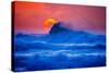 The setting sun and large winter waves breaking off the north coast of Kauai, Hawaii-Mark A Johnson-Stretched Canvas