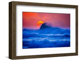 The setting sun and large winter waves breaking off the north coast of Kauai, Hawaii-Mark A Johnson-Framed Photographic Print