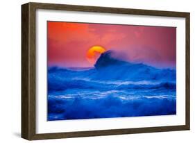 The setting sun and large winter waves breaking off the north coast of Kauai, Hawaii-Mark A Johnson-Framed Photographic Print