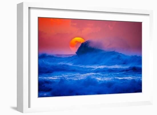 The setting sun and large winter waves breaking off the north coast of Kauai, Hawaii-Mark A Johnson-Framed Photographic Print