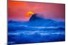 The setting sun and large winter waves breaking off the north coast of Kauai, Hawaii-Mark A Johnson-Mounted Photographic Print