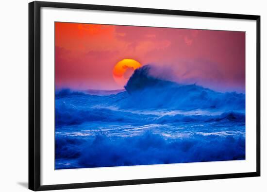 The setting sun and large winter waves breaking off the north coast of Kauai, Hawaii-Mark A Johnson-Framed Photographic Print