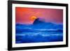 The setting sun and large winter waves breaking off the north coast of Kauai, Hawaii-Mark A Johnson-Framed Photographic Print