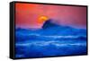 The setting sun and large winter waves breaking off the north coast of Kauai, Hawaii-Mark A Johnson-Framed Stretched Canvas