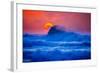 The setting sun and large winter waves breaking off the north coast of Kauai, Hawaii-Mark A Johnson-Framed Photographic Print