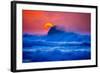 The setting sun and large winter waves breaking off the north coast of Kauai, Hawaii-Mark A Johnson-Framed Photographic Print