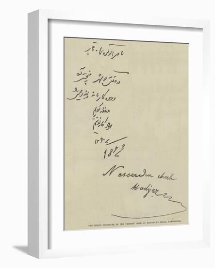 The Shah's Signature in the Visitors' Book at Haworth's Mills, Manchester-null-Framed Giclee Print