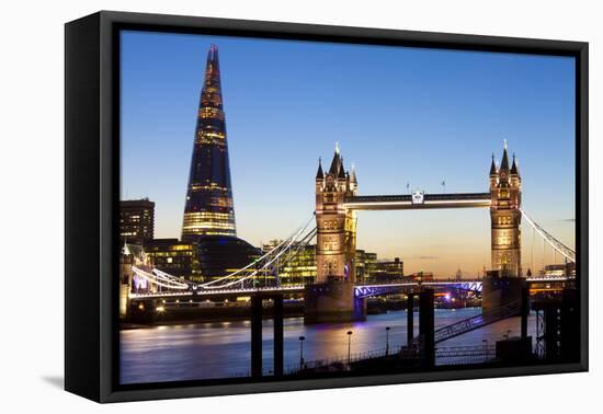 The Shard and Tower Bridge at Night, London, England, United Kingdom, Europe-Miles Ertman-Framed Stretched Canvas