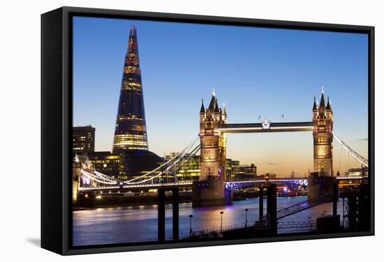 The Shard and Tower Bridge at Night, London, England, United Kingdom, Europe-Miles Ertman-Framed Stretched Canvas