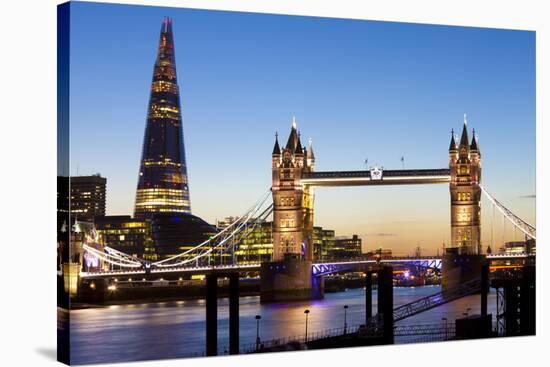 The Shard and Tower Bridge at Night, London, England, United Kingdom, Europe-Miles Ertman-Stretched Canvas