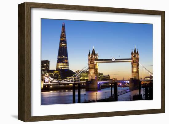 The Shard and Tower Bridge at Night, London, England, United Kingdom, Europe-Miles Ertman-Framed Photographic Print