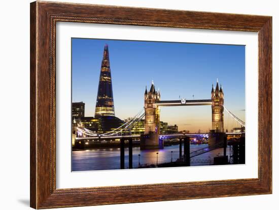 The Shard and Tower Bridge at Night, London, England, United Kingdom, Europe-Miles Ertman-Framed Photographic Print