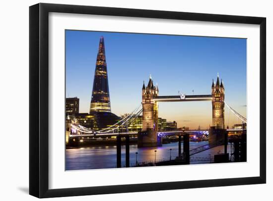 The Shard and Tower Bridge at Night, London, England, United Kingdom, Europe-Miles Ertman-Framed Photographic Print