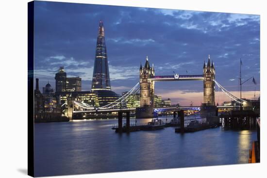 The Shard and Tower Bridge on the River Thames at Night, London, England, United Kingdom, Europe-Stuart Black-Stretched Canvas