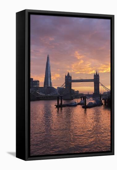 The Shard and Tower Bridge on the River Thames at Sunset, London, England, United Kingdom, Europe-Stuart Black-Framed Stretched Canvas