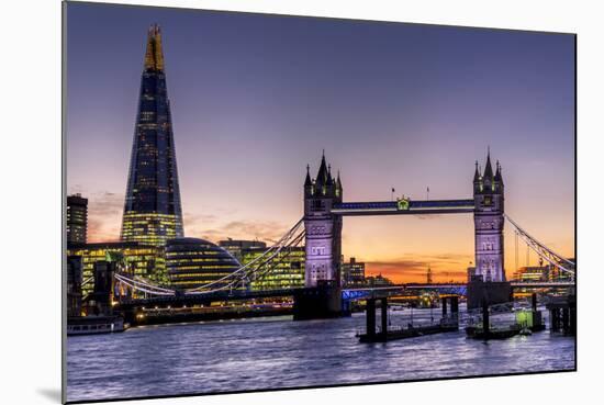 The Shard with Tower Bridge and River Thames at sunset, London, England, United Kingdom, Europe-Charles Bowman-Mounted Photographic Print