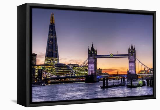 The Shard with Tower Bridge and River Thames at sunset, London, England, United Kingdom, Europe-Charles Bowman-Framed Stretched Canvas