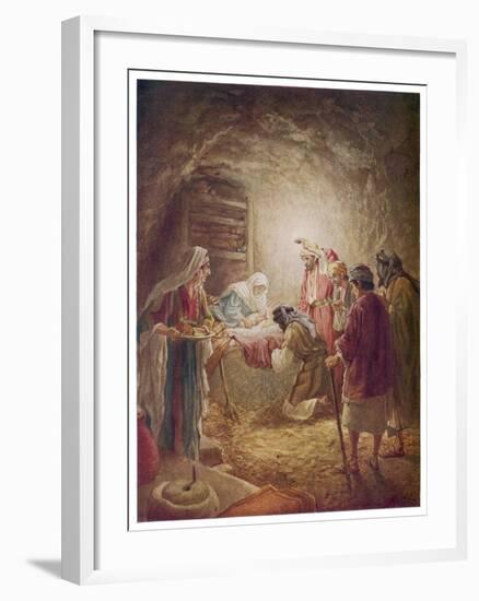 The Shepherds Come to See Mary Joseph and Their Baby Jesus-William Hole-Framed Art Print