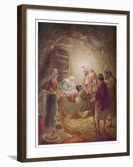 The Shepherds Come to See Mary Joseph and Their Baby Jesus-William Hole-Framed Art Print