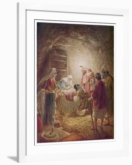 The Shepherds Come to See Mary Joseph and Their Baby Jesus-William Hole-Framed Art Print