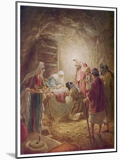 The Shepherds Come to See Mary Joseph and Their Baby Jesus-William Hole-Mounted Art Print