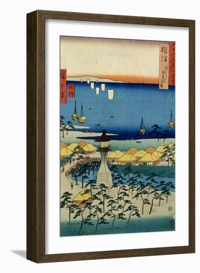 The Shore at Sumiyoshi Showing the Village and Lighthouse, Settsu Province from 'Famous Places…-Ando Hiroshige-Framed Giclee Print