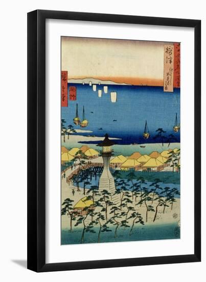 The Shore at Sumiyoshi Showing the Village and Lighthouse, Settsu Province from 'Famous Places…-Ando Hiroshige-Framed Giclee Print