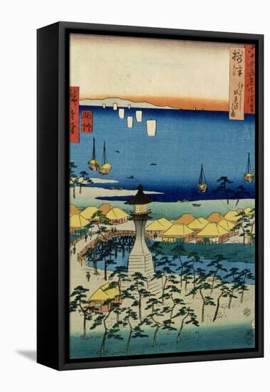 The Shore at Sumiyoshi Showing the Village and Lighthouse, Settsu Province from 'Famous Places…-Ando Hiroshige-Framed Stretched Canvas