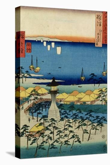 The Shore at Sumiyoshi Showing the Village and Lighthouse, Settsu Province from 'Famous Places…-Ando Hiroshige-Stretched Canvas