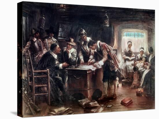 The Signing of the Mayflower Compact, c.1900-Edward Percy Moran-Stretched Canvas