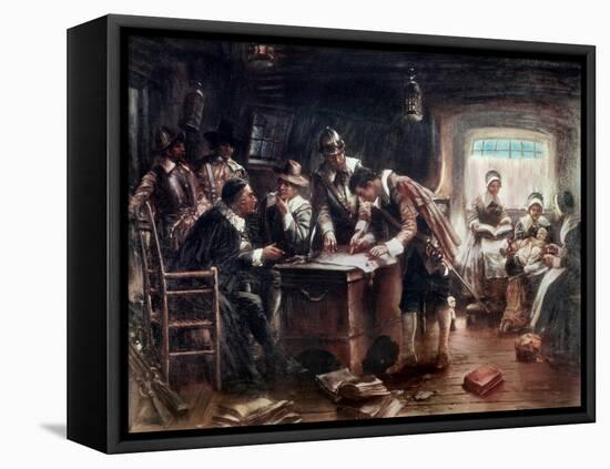 The Signing of the Mayflower Compact, c.1900-Edward Percy Moran-Framed Stretched Canvas