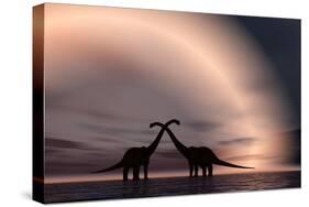 The Silhouetted Forms of a Pair of Courting Sauropod Dinosaurs-null-Stretched Canvas