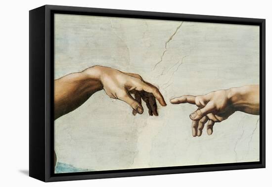 The Sistine Chapel; ceiling frescos after restoration. The creation of Adam.-Michelangelo-Framed Stretched Canvas