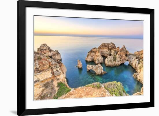 The sky turns pink at dawn on Ponta da Piedade Lagos Algarve Portugal Europe-ClickAlps-Framed Photographic Print