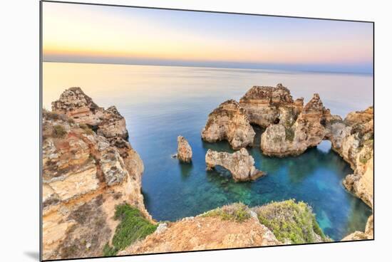 The sky turns pink at dawn on Ponta da Piedade Lagos Algarve Portugal Europe-ClickAlps-Mounted Photographic Print