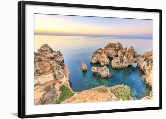 The sky turns pink at dawn on Ponta da Piedade Lagos Algarve Portugal Europe-ClickAlps-Framed Photographic Print